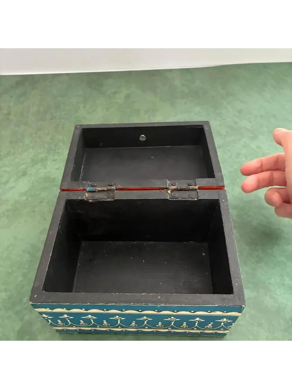 Hand Painted Indian Folk Art Wooden Trinket Box Jewelry Box Blue Red